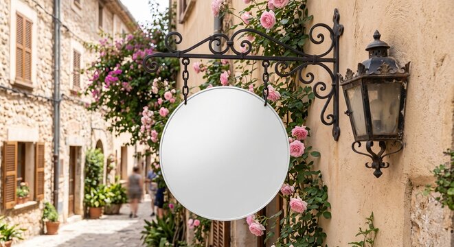 A blank white circular sign hangs from an iron bracket on a beige stone wall with pink roses in warm sunlight.