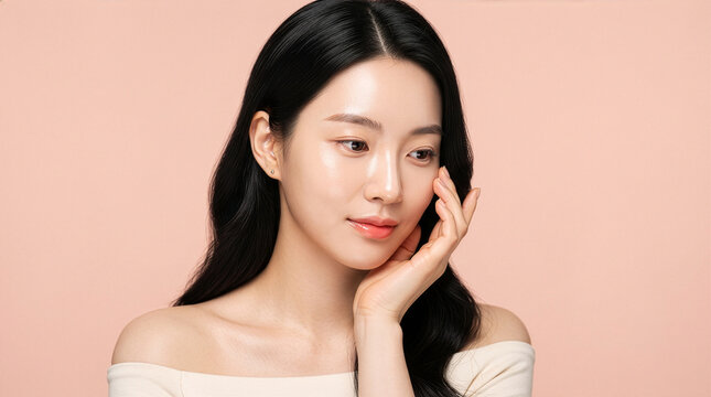 Portrait of young Asian woman with glowing skin touching her cheek