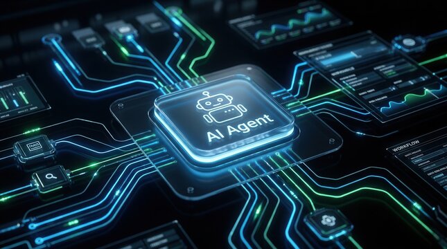 Digital interface featuring an AI agent visualization to illustrate connected business workflows and autonomous decision making.