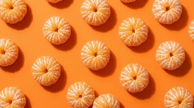 Neatly arranged peeled tangerines on a bright orange background, captured from a top-down view.