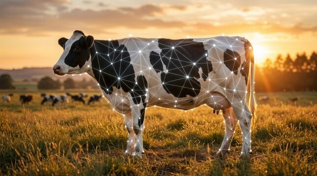 Sunset field scene showing a digital cow with network overlay as a symbol of agriculture technology and innovation.
