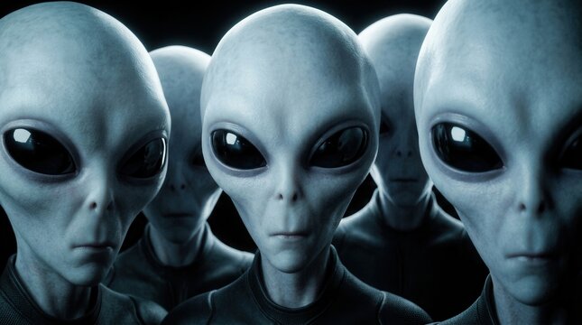 Extraterrestrial concept represented by a group of alien faces with large black eyes in a dark environment.