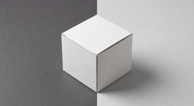 A blank matte white square cardboard box displayed from a high isometric perspective on a dual-tone gray backdrop.