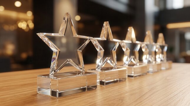Transparent star shaped awards arranged in a line on a table within a corporate setting