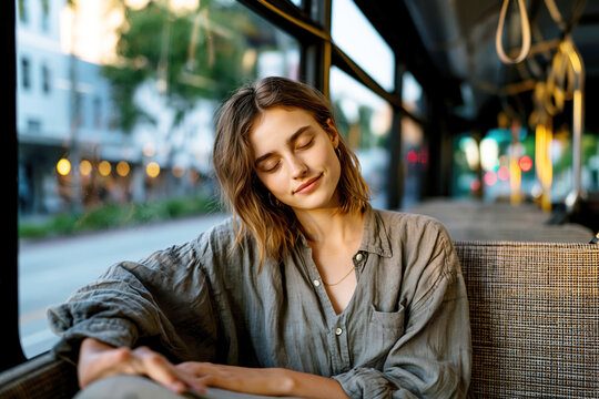 Peaceful Young Woman Resting on a Bus During Golden Hour &ndash; AI Generative &ndash; no real persons