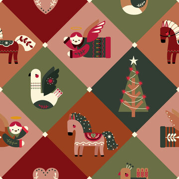 Diamond grid seamless pattern with Nordic folk horses, flying angels, birds, and Christmas tree. Elegant Scandinavian vector background for holiday paper and print