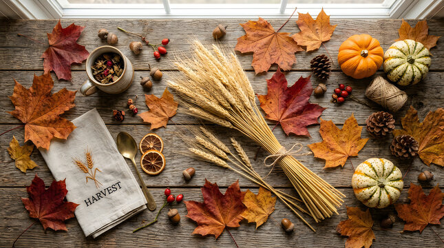 Autumn harvest decoration with pumpkins dried wheat stalks and colorful maple leaves on wooden background