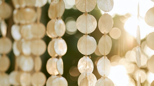 Capiz shells hanging in strands, forming a natural screen while reflecting soft light and creating a serene background