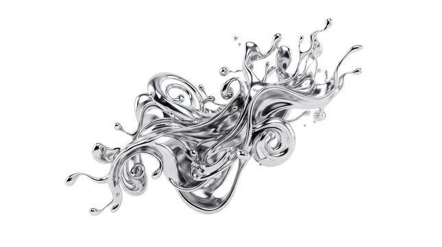 Liquid chrome splash with metallic swirls, shiny silver mercury fluid motion, abstract molten metal wave for futuristic tech design isolated PNG with Transparent Background