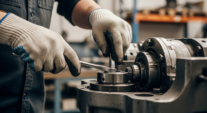Mechanic Hands in Gloves Using a Wrench to Repair Heavy Industrial Machinery