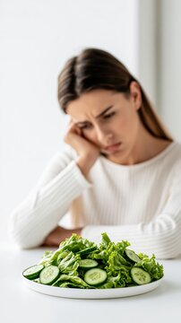 Young woman frowning at a plate of fresh green salad, expressing disappointment with her healthy meal choice and diet