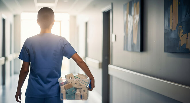 Nurse Walking Down Hospital Corridor