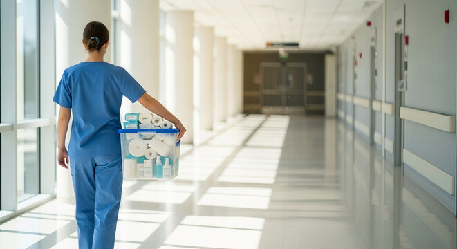 Nurse in Blue Scrubs Carrying Medical Supplies Through a Bright Hospital Corridor