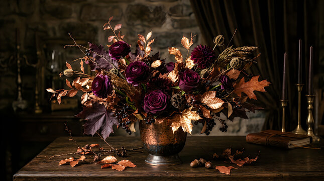 Beautiful bouquet of dark red flowers and golden leaves in a rustic vase on a dark wooden table background