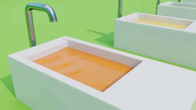 3D animation of white uncolored fruit turning orange in liquid tub for kids learning in 4k