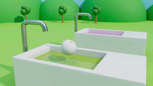 3D animation of white uncolored apple turning green in liquid tub for kids learning in 4k