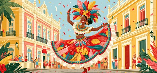 Obraz premium A carnival performer dressed in colorful Brazilian folklore costume celebrates amid lively streets and historic buildings.