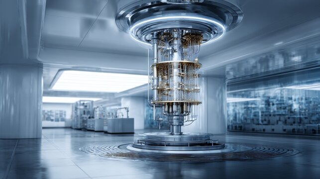 Hyper-realistic 8K photo of a massive, gleaming Quantum Cryostat (dilution refrigerator) standing tall in a clean lab, its gold and silver piping reflecting soft blue light. Intricate detail. 
