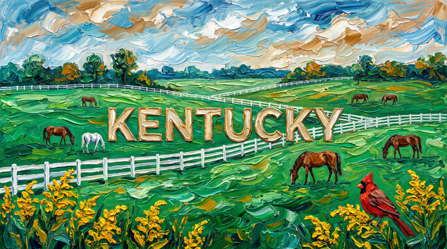 Kentucky countryside oil painting featuring elegant horse farm pastures with thoroughbred horses