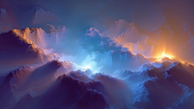 Abstract visualization of the landscape of a Quantum Annealer, showing a solution point as a brightly glowing valley in a complex energy field. Topographical complexity. 