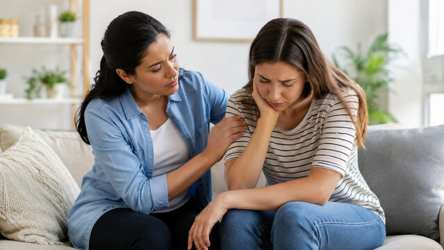 Two women sitting on a sofa sharing an empathetic moment of support