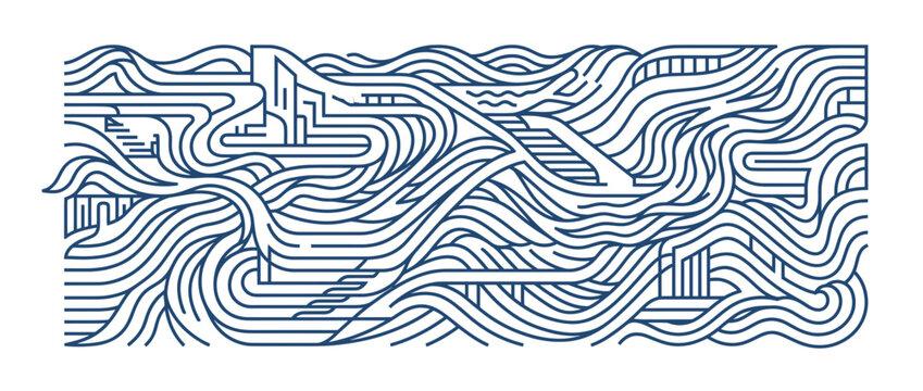 Abstract Blue Lines Flowing Over Geometric Structures