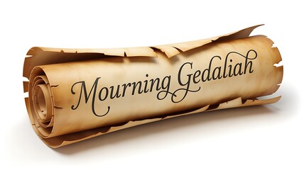 Fototapeta premium A torn and aged scroll with the words Mourning Gedaliah written on it
