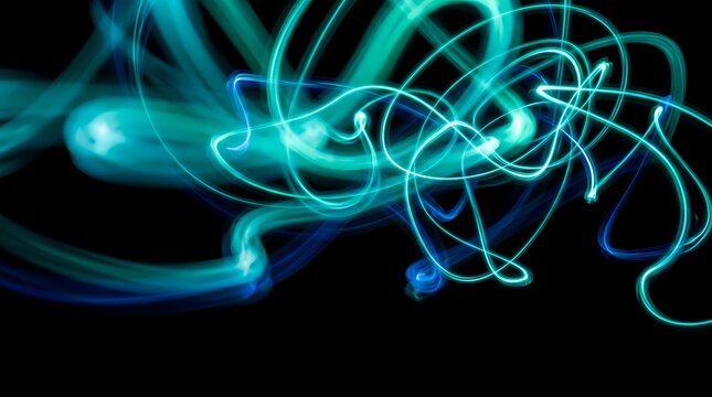 Teal blue neon light painting swirl background