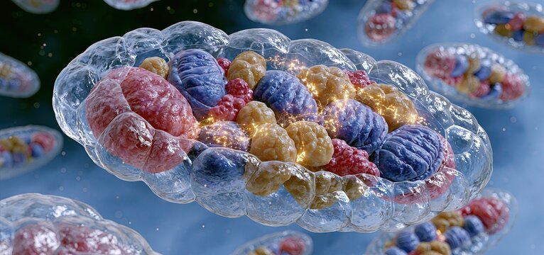 Mitochondria producing ATP highlighted in a colorful diagram showcasing cellular respiration and energy creation in human cells.