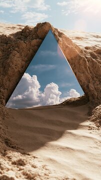 Triangular mirror reflecting blue sky and clouds embedded in sculpted sand, creating an abstract desert portal