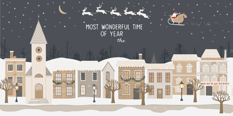 Winter village illustration with santa claus and reindeer festive scene © tuli