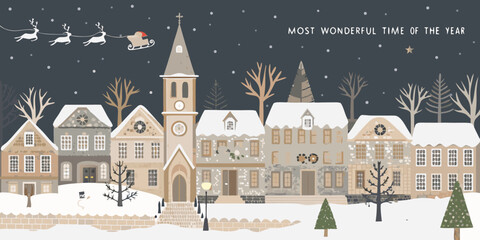 Winter village illustration with snowy rooftops and reindeer in the night sky © tuli