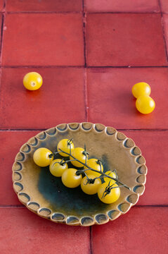 Yellow tomato vine on ceramic plate on red tiles