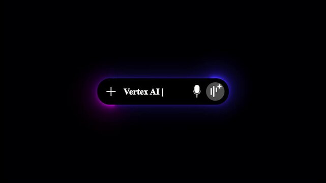 Modern dark mode AI search bar interface featuring glowing purple pink neon background with prompt text input box microphone voice search icon and generative assistant waveform symbol.