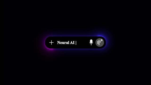 Creative dark theme Neural AI search prompt box featuring voice control microphone icon generative visualizer waveform button and vivid neon gradient light effect on background.