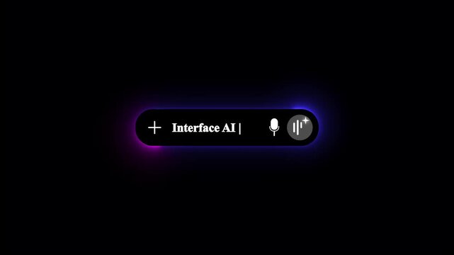 Sleek modern Interface AI search bar input box with voice prompt microphone icon smart artificial intelligence waveform symbol and vibrant glowing gradient light on dark background.