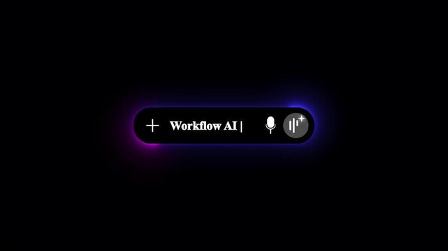 Elegant dark mode Workflow AI search bar web element with prompt text input box voice microphone icon smart assistant waveform graphic and bright glowing neon light on dark background.