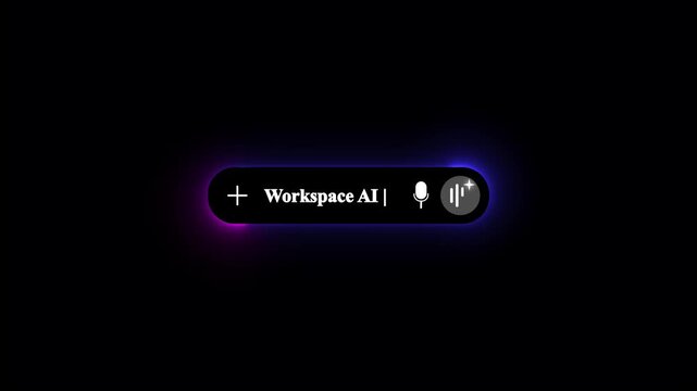 Minimalist dark mode Workspace AI search bar component with voice search microphone icon AI prompt waveform button plus icon and colorful ambient light glow on dark background.