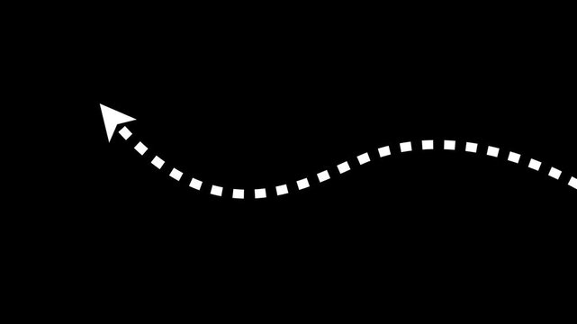 Minimalist white dotted line moving in a wavy path with an arrow pointing left on a transparent alpha channel background.