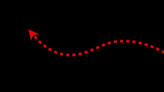 Minimalist red dotted line moving in a wavy path with an arrow pointing left on a transparent alpha channel background.