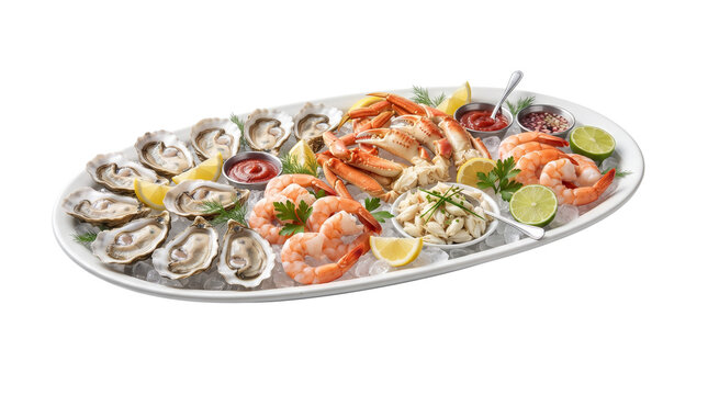Gourmet seafood platter with fresh oysters, chilled shrimp and crab legs on ice. Luxury shellfish appetizer tray with lemon and dipping sauces. Assorted raw bar seafood tower.