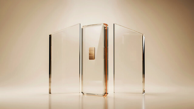 Modern glass smartphone with sim card slot standing on a clean reflective surface in studio