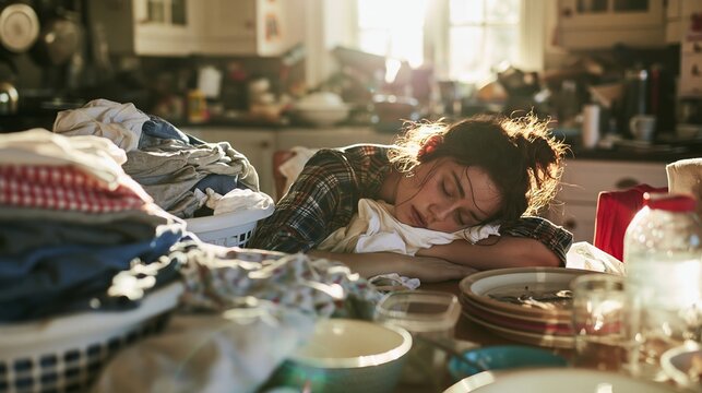 Exhausted woman sleeping at kitchen table surrounded by laundry and dishes, feeling overwhelmed by household chores