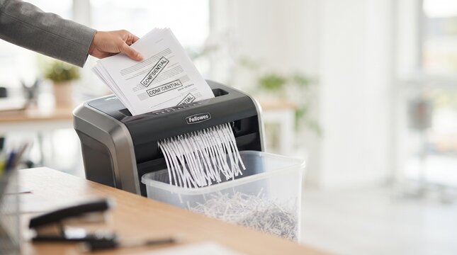 Close Up of Shredding Machine Cutting Classified Paper with Red Confidential Word