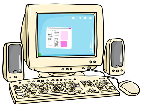 illustration of old computer with mouse and keyboard PNG doodle for prints, cards, stickers, stationery decor