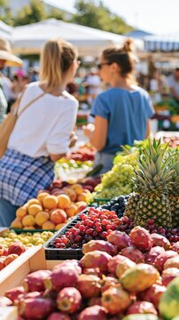 Customers browsing a vibrant outdoor fruit market with an abundance of prickly pears, pineapples, grapes, and peaches