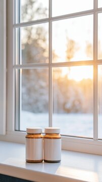 Two supplement bottles on windowsill receiving warm winter sunlight, promoting health and well being