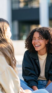 Young women friends enjoying a cheerful conversation outdoors, laughing together, celebrating friendship and connection