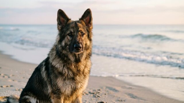 american alsatian close up on cannon beach oregon at morning light video