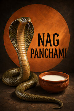 Nag panchami celebration featuring majestic cobra beside milk offering in clay pot against dramatic rustic background honoring mahadev traditions during hindu festival